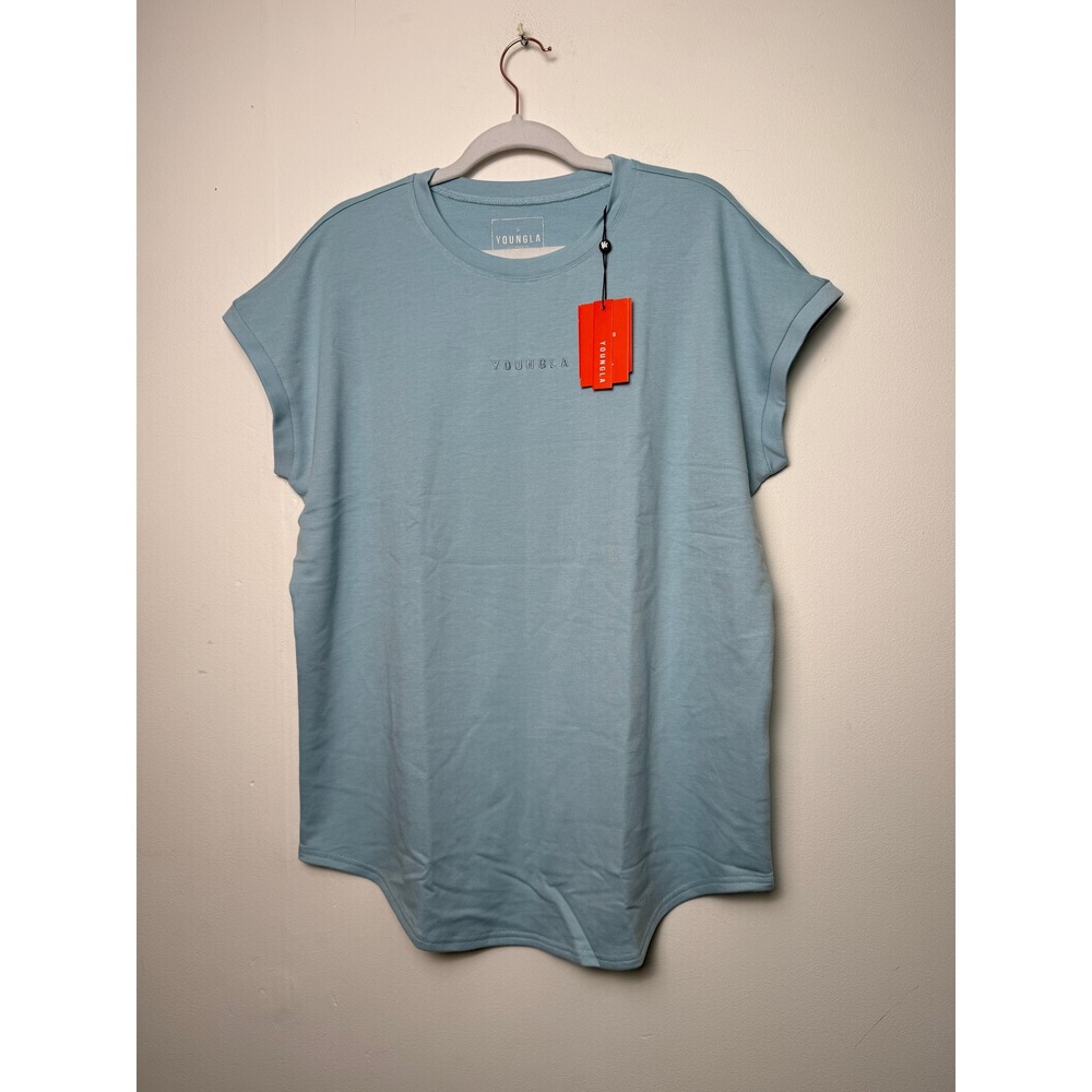 YoungLA Mens Light Blue Relaxed Fit Curved Hem T-Shirt Medium Gym Shirts